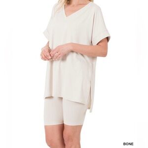 Zenana 2-piece set, includes a V-neck hi-low hem top & biker shorts~ color: Bone